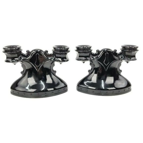 Vtg Pair Black Glass Gothic Candlestick Holders